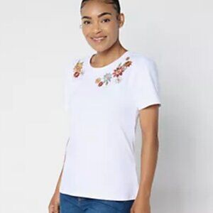 Driftwood Size M Julie Crew Neck Tee Shirt White Embroidered Floral Boho Cotton